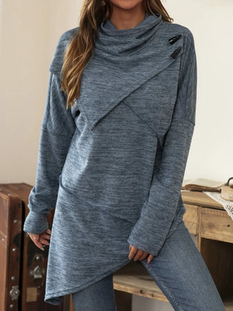 Blue Cowl Neck Asymmetrical Tunic Sweater for Women Dusty Blue