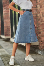 Blue Denim Button Front A Line Midi Skirt