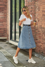 Blue Denim Button Front A Line Midi Skirt