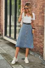 Blue Denim Button Front A Line Midi Skirt