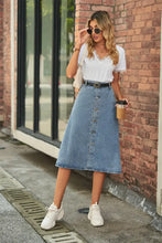 Blue Denim Button Front A Line Midi Skirt Woman Skirts