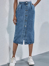 Blue Denim Button-Front Midi Skirt with Pockets and Slit Light
