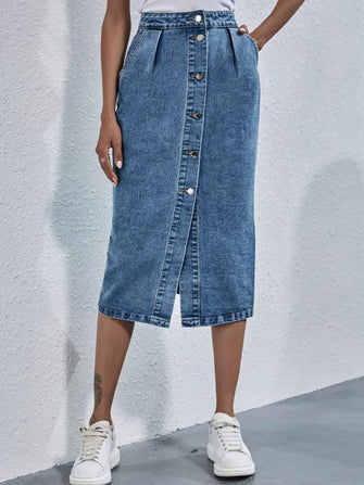 Blue Denim Button-Front Midi Skirt with Pockets and Slit Light