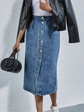Blue Denim Button-Front Midi Skirt with Pockets and Slit