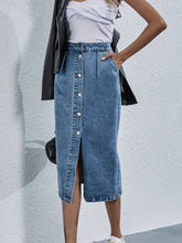 Blue Denim Button-Front Midi Skirt with Pockets and Slit