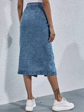 Blue Denim Button-Front Midi Skirt with Pockets and Slit
