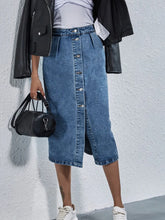 Blue Denim Button-Front Midi Skirt with Pockets and Slit