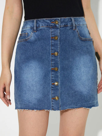 Blue Denim Button-Front Mini Skirt with Pockets Medium