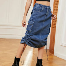 Blue Denim Cargo Midi Skirt with Pockets and Drawstring Waist Denim