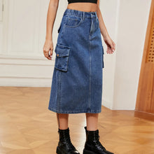 Blue Denim Cargo Midi Skirt with Pockets and Drawstring Waist