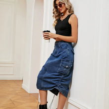 Blue Denim Cargo Midi Skirt with Pockets and Drawstring Waist
