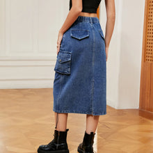 Blue Denim Cargo Midi Skirt with Pockets and Drawstring Waist