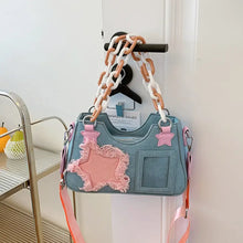 Blue Denim Handbag with Pink Star Accents and Chain Handle Light Blue onesize Shoulder Bags