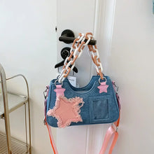 Blue Denim Handbag with Pink Star Accents and Chain Handle Shoulder Bags