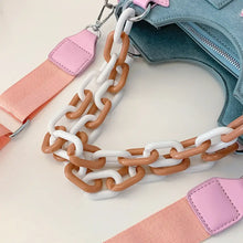 Blue Denim Handbag with Pink Star Accents and Chain Handle Shoulder Bags