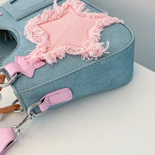 Blue Denim Handbag with Pink Star Accents and Chain Handle Shoulder Bags