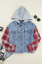 Blue denim jacket with raw hem, plaid sleeves, and distressed light blue wash