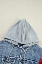 Light blue denim jacket with hood, drawstring, raw hem and plaid sleeves