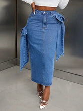 Blue Denim Midi Skirt with Bow Detail and Side Flaps Woman Skirts