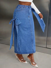 Blue Denim Midi Skirt with Bow Detail and Side Flaps Woman Skirts