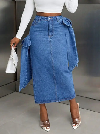 Blue Denim Midi Skirt with Bow Detail and Side Flaps Medium Woman Skirts