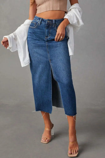Blue Denim Midi Skirt with Front Slit and Pockets Dark Blue