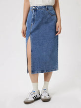 Blue Denim Midi Skirt with Front Slit and Pockets Medium