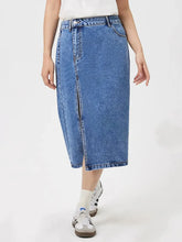 Blue Denim Midi Skirt with Front Slit and Pockets