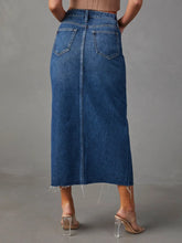 Blue Denim Midi Skirt with Front Slit and Pockets