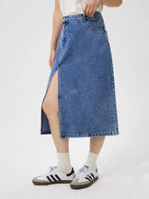 Blue Denim Midi Skirt with Front Slit and Pockets