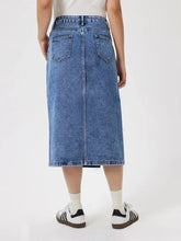 Blue Denim Midi Skirt with Front Slit and Pockets
