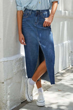 Blue Denim Midi Skirt with Front Slit and Pockets