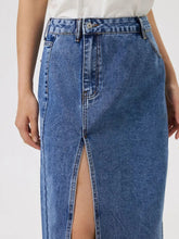 Blue Denim Midi Skirt with Front Slit and Pockets