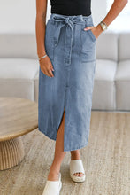Blue Denim Midi Skirt with Tie Waist and Pockets Medium