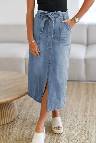 Blue Denim Midi Skirt with Tie Waist and Pockets Medium