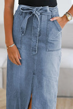 Blue Denim Midi Skirt with Tie Waist and Pockets