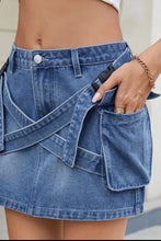 Blue Denim Mini Skirt with Cargo Pockets and Crisscross Straps