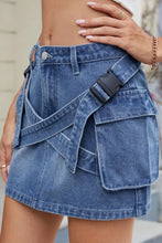 Blue Denim Mini Skirt with Cargo Pockets and Crisscross Straps