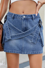 Blue Denim Mini Skirt with Cargo Pockets and Crisscross Straps