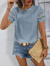 Blue Eyelet Embroidered Short Sleeve Top for Women