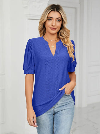 Blue Eyelet Puff Sleeve Blouse for Women Royal Blue