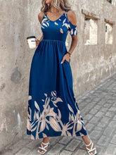 Blue Floral Cold-Shoulder Maxi Dress with Pockets