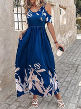 Blue Floral Cold-Shoulder Maxi Dress with Pockets