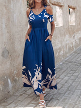 Blue Floral Cold-Shoulder Maxi Dress with Pockets Navy