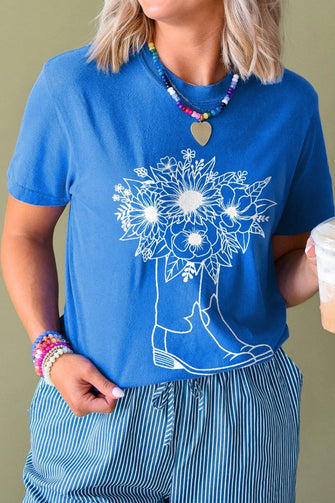 Blue Floral Cowboy Boot Graphic Women’s T Shirt Cotton Blend Blue
