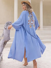 Blue Floral Embroidered Kimono Swimwear Cover Up Swimwear Cover-Ups