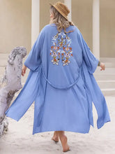 Blue Floral Embroidered Kimono Swimwear Cover Up Swimwear Cover-Ups