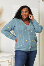 Blue Floral Embroidery Cable Knit Cardigan for Women Turquoise