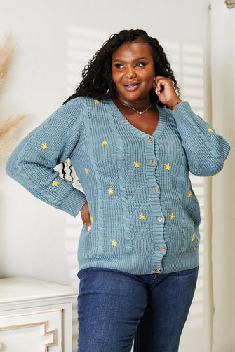 Blue Floral Embroidery Cable Knit Cardigan for Women Turquoise