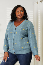 Blue Floral Embroidery Cable Knit Cardigan for Women